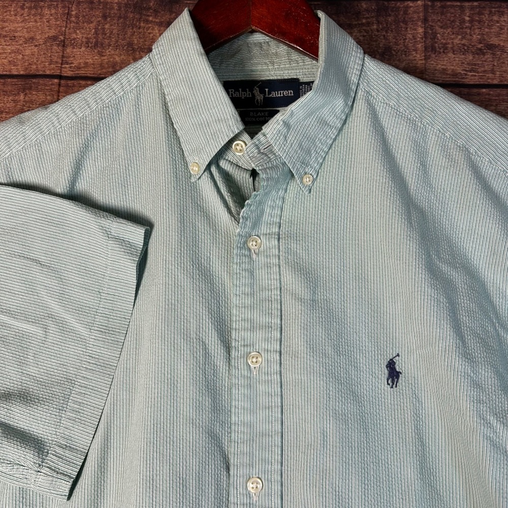 Ralph Lauren Blake Mens Large Green White Seersucker Stripe Short Sleeve Shirt